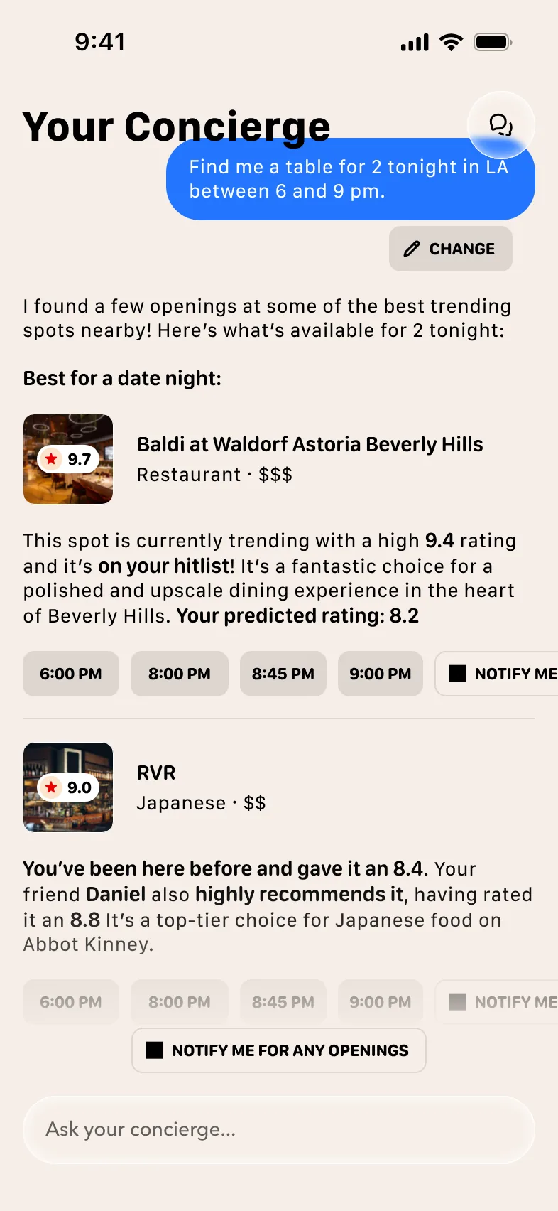 Concierge chat showing open tables for two tonight in Los Angeles with times to book