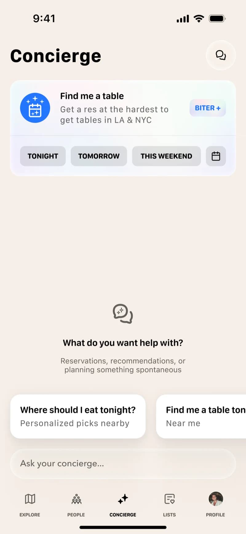 Biter Concierge reservation alerts and AI chat