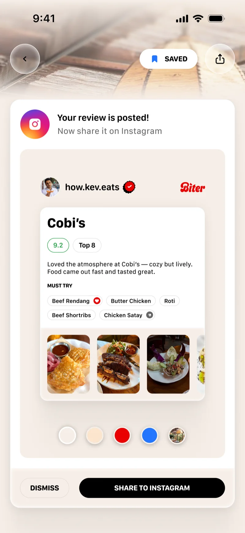 Rating a restaurant on Biter with photos and order items